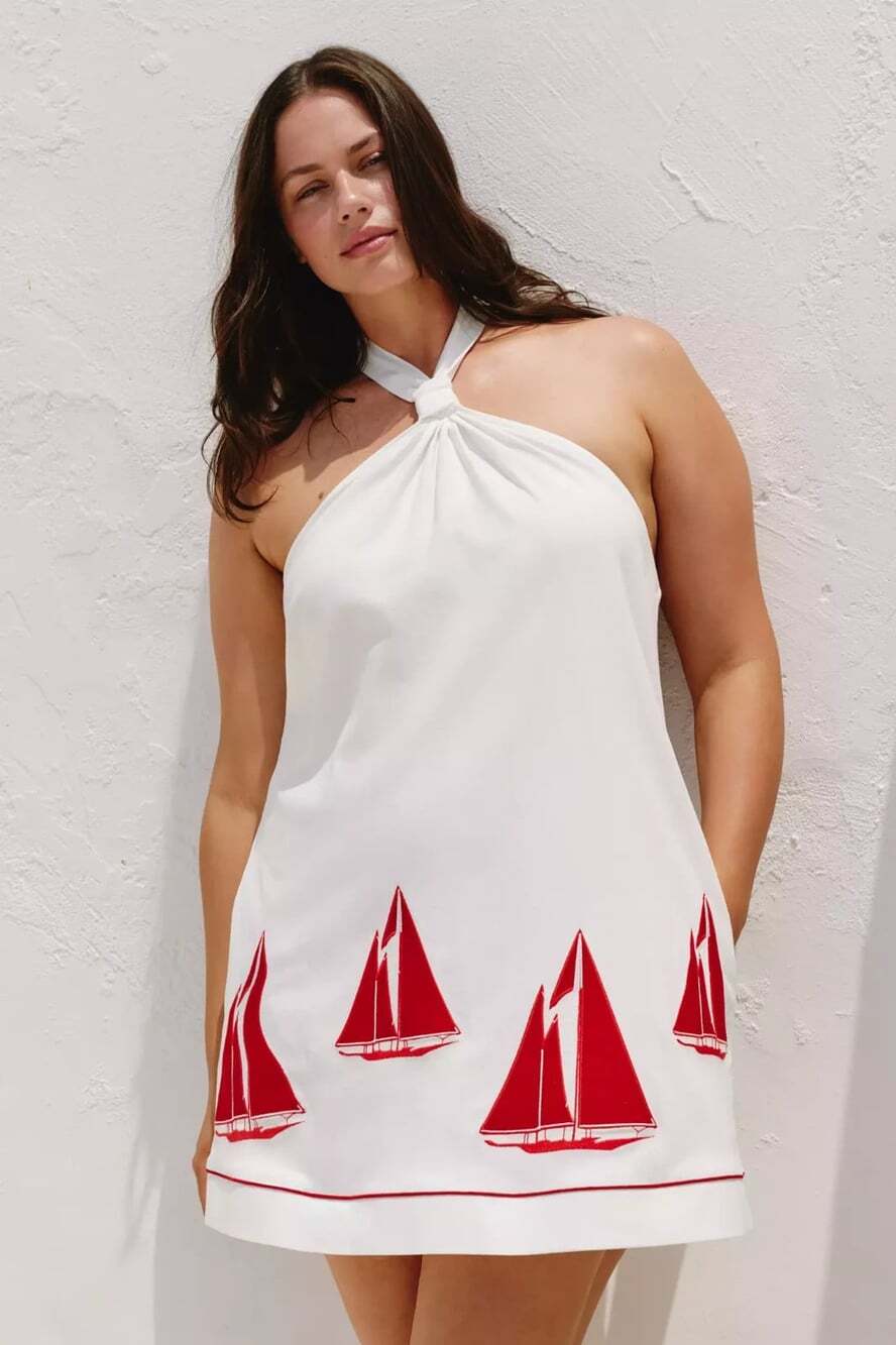 Celandine Sailboat Embroidered Halter Dress US XLP EU 42 Petite Cream $148